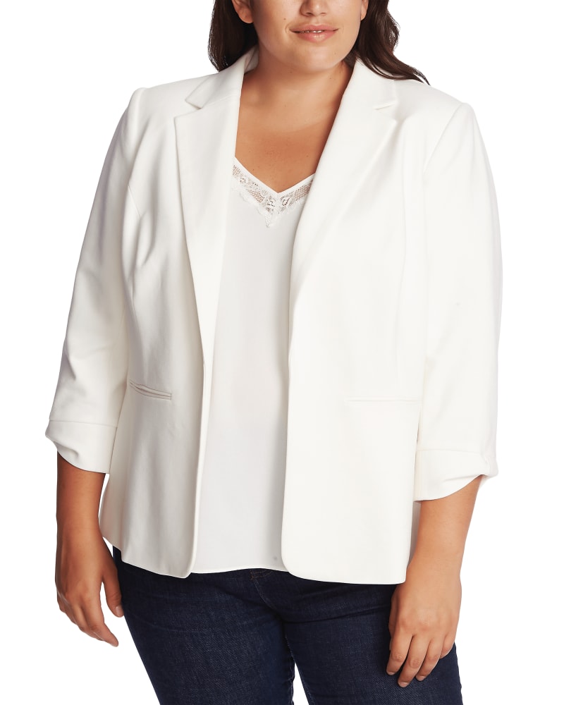 Front of a model wearing a size 1X Alaina Three-Quarter-Sleeve Blazer in SOFT ECRU by CeCe. | dia_product_style_image_id:263510
